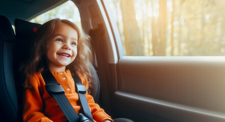 happy girl in a child car seat wearing a seatbelt while traveling by car. generative ai. safe moveme