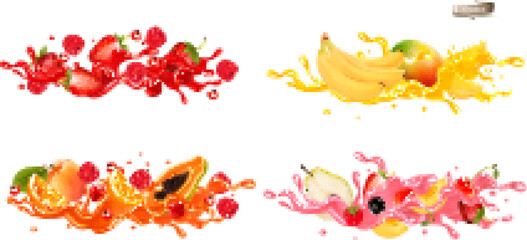 Wall Mural - Whole and slice of berries and fruit in a jiuce.  Strawberries, raspberries, cherries, blueberries, passion fruit, banana, mango, papaya, kiwi in a wave of juice with splashes. Vector set.