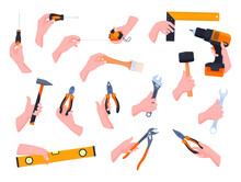 Human Hands With Different Carpentry Construction Tools Instruments Set Isometric Vector