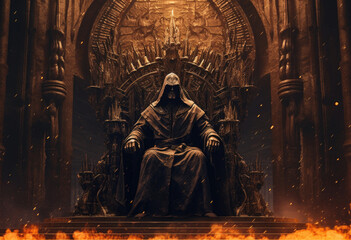 Wall Mural - Man in hood sitting on royal throne in dark castle hall. Fantasy medieval throne for king. Created with Generative AI