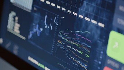 No people panning right close up of bars moving up and down in crypto analyzing program on computer screen at night time