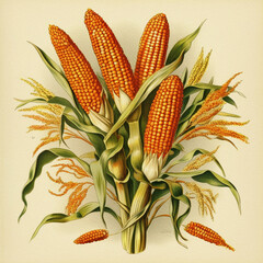 Wall Mural - Zea mays or corn plant native of Mexico with kernels as  in vintage botanical illustrations, victorian style on black paper  background