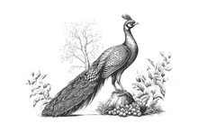Peacock Sketch Hand Drawn In Engraving Style. Vector Illustration Desing.