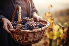 Woman In Vineyards Holding A Wicker Basket Full Of Red Grapes
