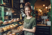Happy Small Pastry And Coffee Shop Owner, Smiling Proudly At Her Store. Cheerful Female Baker Working At Her Shop