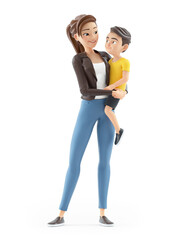 3d cartoon woman holding her son in her arms