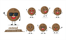 Cute Coconut Cartoon With Many Expressions. Different Activity Pose Vector Illustration Flat Design Set With Sunglasses.