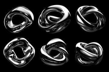 Wall Mural - Melted chrome liquid metal shapes set isolated. Wavy molten gloss aluminium. Ai generated