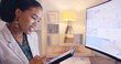 © Ramba/peopleimages.com - Reading, business and tablet with black woman in office for website, branding and digital marketing. Review, night and corporate with female employee at computer for planning, proposal and commitment