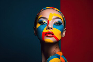 portrait of an attractive girl with art makeup on a dark blue-red background. art makeup concept. ge