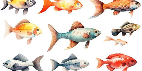 Wall Mural - Safai animal set Fish of different breeds in water colour ,generative AI.