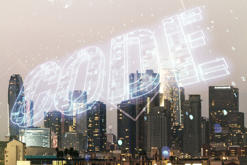 Wall Mural - code word hologram on los angeles skyscrapers background, artificial intelligence and neural network
