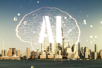 Wall Mural - double exposure of creative artificial intelligence interface on new york city skyscrapers backgroun