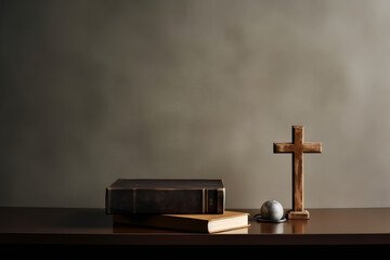 Wall Mural - Holy Bible and Cross on Desk. minimalism. dark style. illustration created with ai