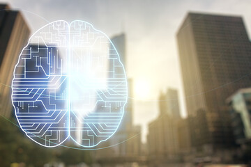 Wall Mural - double exposure of creative human brain microcircuit hologram on blurry cityscape background. future