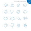 Vector line set of icons related with steam. Contains monochrome icons like steam, smell, smoke, cloud, fume and more. Simple outline sign. Editable stroke.
