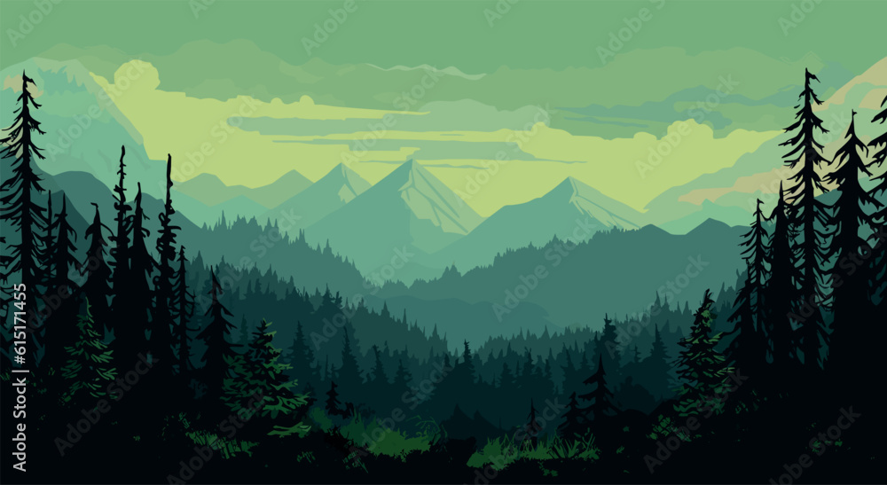 forest with mountains and trees, landscape vector illustration Stock ...