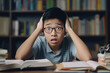 © terrabaixa - Portrait of shocked asian male student sitting at desk in classroom, grabbing his head looking at camera. Worried youth unprepared for test or exam, thinking about deadline