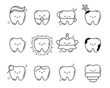Collection Of Teeth. Set Of Different Teeth Characters. The Concept Of Treatment, Teeth Cleaning, Orthodontic Treatment, Implantation. Children's Dentistry. Vector Illustration In Linear Style