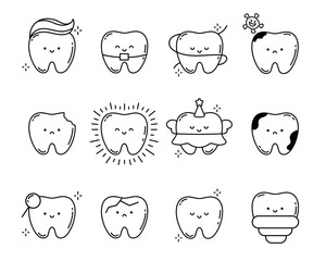 collection of teeth. set of different teeth characters. the concept of treatment, teeth cleaning, or