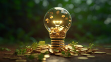 A Golden Idea: A Light Bulb Filled With Gold Coins On A Table