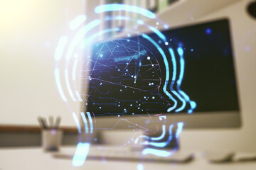 Wall Mural - creative artificial intelligence concept with human head sketch and modern desktop with pc on backgr