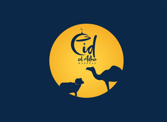 Wall Mural - Eid Al Adha Celebration of Muslim holiday Background. The sacrifice a camel, cow, sheep and goat Eid-al-adha concept Islamic vector illustration.