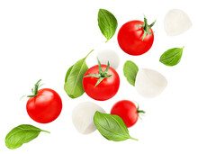 Levitation Of Cherry Tomatoes, Basil Leaves And Mozzarella On A White Isolated Background