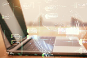 Wall Mural - double exposure of abstract programming language with world map on laptop background, research and d