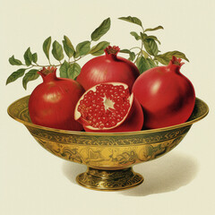 Wall Mural - Red and ripe pomegranates in a golden bowl, vintage style illustration on a creamy paper background