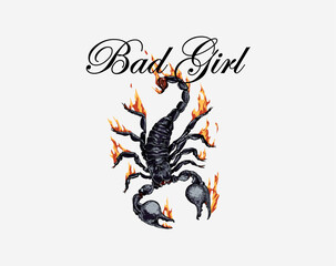 Wall Mural - Typographic t-shirt design rock and metal trend, Scorpion on fire and Bad Girl quote