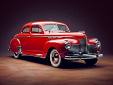 Image Of A Classic 1940 Plymouth Car In A Setting Out For An Advertisement. Brightly Colored Just Like The Color In Its Heyday.