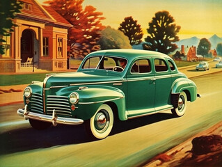 Image of a classic 1940 Plymouth car in a setting out for an advertisement. Brightly colored just like the color in its heyday.