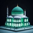 A lit up model of a mosque with a green dome Generative AI