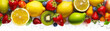 Banner with fresh fruits with water drops, isolated on white background. Food background, wallpaper, screensaver. Generative AI
