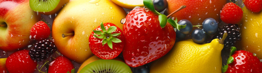 Banner with fresh fruits with water drops, isolated on white background. Food background, wallpaper, screensaver. Generative AI
