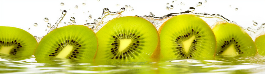 Wall Mural - Banner with kiwi slices on isolated white background. Close up, water drops and splash. Generative AI