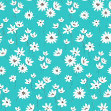 Seamless Floral Pattern White Flowers On Turquoise Background. Vector Illustration. Ditsy Style. Design For Fabric, Wrapping Paper, Background, Wallpaper, Kids Fashion.