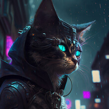 Cyberpunk Cat At Night Time In City. Generative AI Illustration