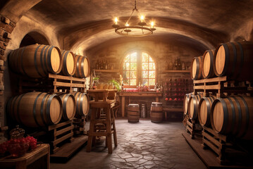 Wine Vault. Wooden barrels with an alcoholic drink.