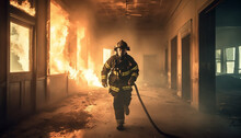 One Firefighter In Protective Suit Spraying Fire With Hose Generated By AI