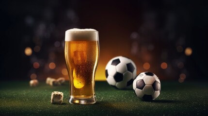 Mug of beer and soccer ball background. Cold beer and sport time concept.