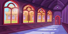 Old Castle Hall Background With Large Windows And A Secret Door And Shadows On The Marble Floor. Magic School Interior. Vector Illustration Of A Medieval Palace Hallway For Game Design.