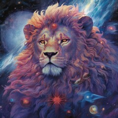 Wall Mural - Lion with stars in their eyes is in the cloud