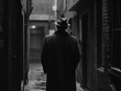 A man walking down a narrow alleyway wearing a trenchcoat and hat Generative Ai