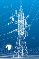 Wall Mural - High voltage transmission systems. Electric pole. Power lines. A network of interconnected electrical. Energy pylons. City electricity infrastructure. White otlines on blue background. Vector design