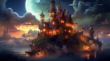 Anime Scenery Art Illustration, Fantasy Mood, Fairytale Building On Small Island In Night Time, Generative Ai