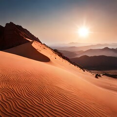 Landscape view of an orange desert with orange sands and mountains and an orange sunlight. AI generated.