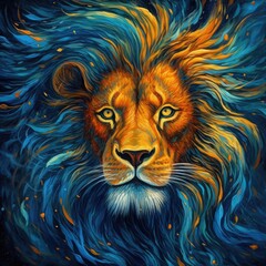 Wall Mural - The beautiful lion is in a starry sky with a colorful background