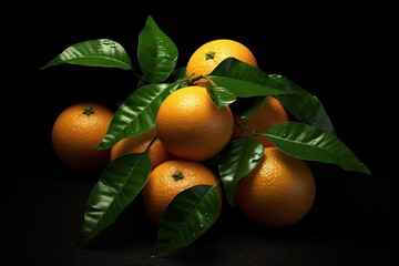 Wall Mural - Collection of ripe oranges with green leaves isolated on black background